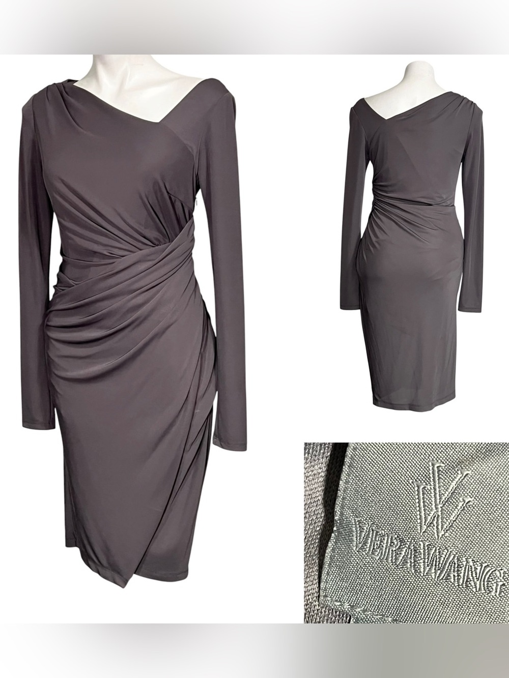 Vera Wang dress sz 8 Long-Sleeve Ruched Sheath Stone Grey formal cocktail office